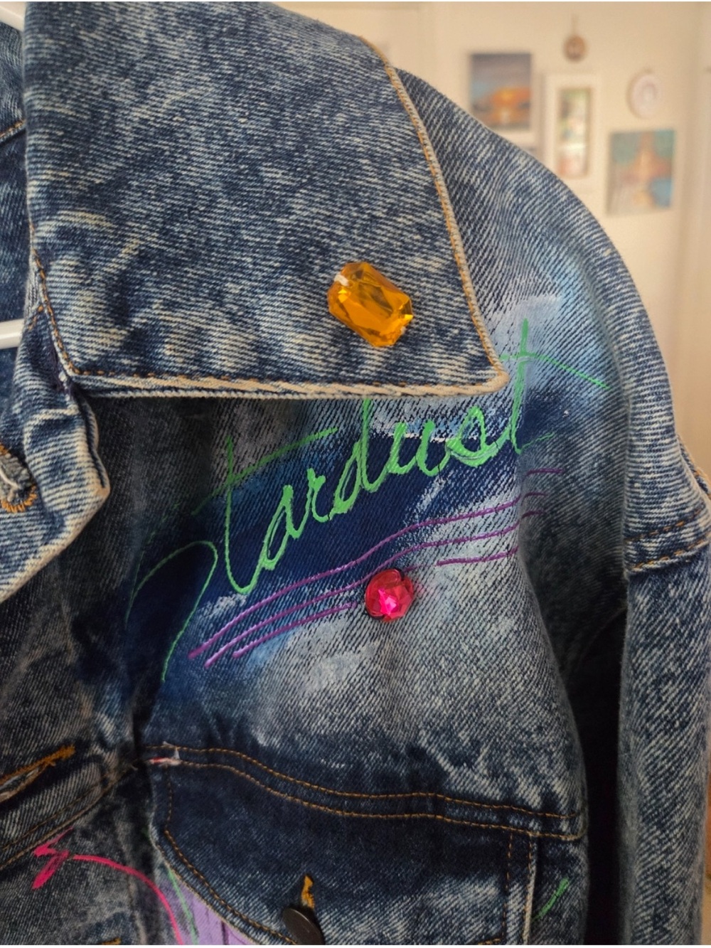 Vintage Hand-Painted Acid Wash Denim Jacket with Neon Piano & Sax Art - Picture 8 of 13